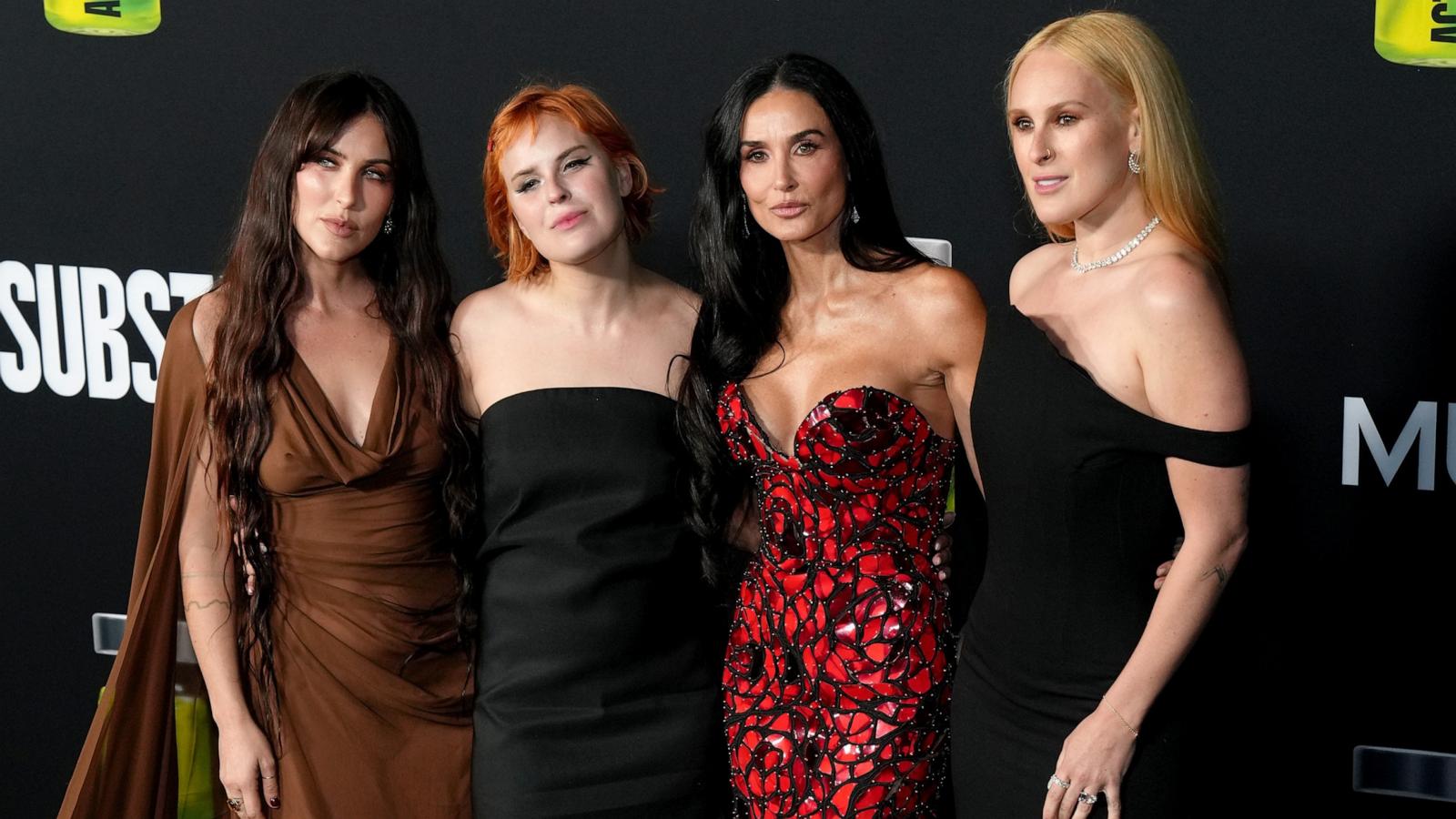 PHOTO: Scout LaRue Willis, Tallulah Willis, Demi Moore, and Rumer Willis attend the Los Angeles Premiere Of "The Substance" at Directors Guild Of America on Sept. 16, 2024 in Los Angeles.