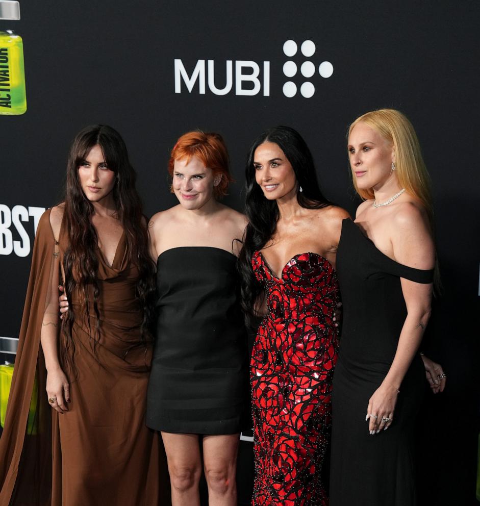 PHOTO: Scout LaRue Willis, Tallulah Willis, Demi Moore, and Rumer Willis attend the Los Angeles Premiere Of "The Substance" at Directors Guild Of America on Sept. 16, 2024 in Los Angeles.