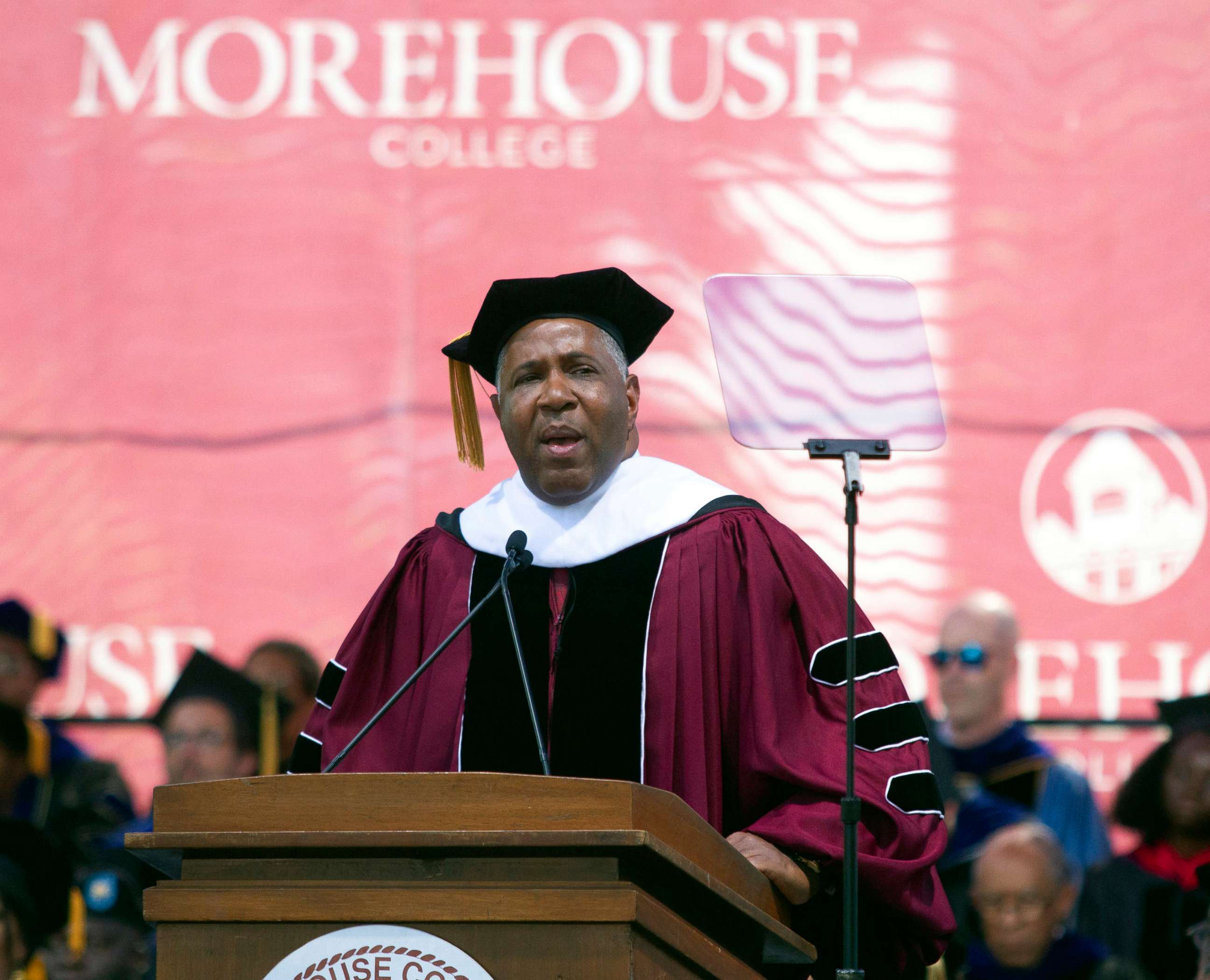PHOTO: Billionaire technology investor and philanthropist Robert F. Smith announces he will provide grants to wipe out the student debt of the entire 2019 graduating class at Morehouse College in Atlanta, May 19, 2019.