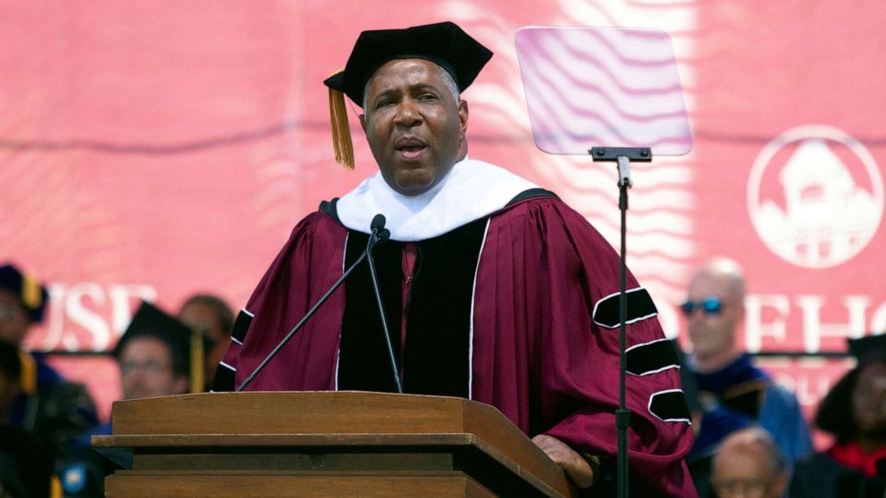 PHOTO: Billionaire technology investor and philanthropist Robert F. Smith announces he will provide grants to wipe out the student debt of the entire 2019 graduating class at Morehouse College in Atlanta, May 19, 2019.