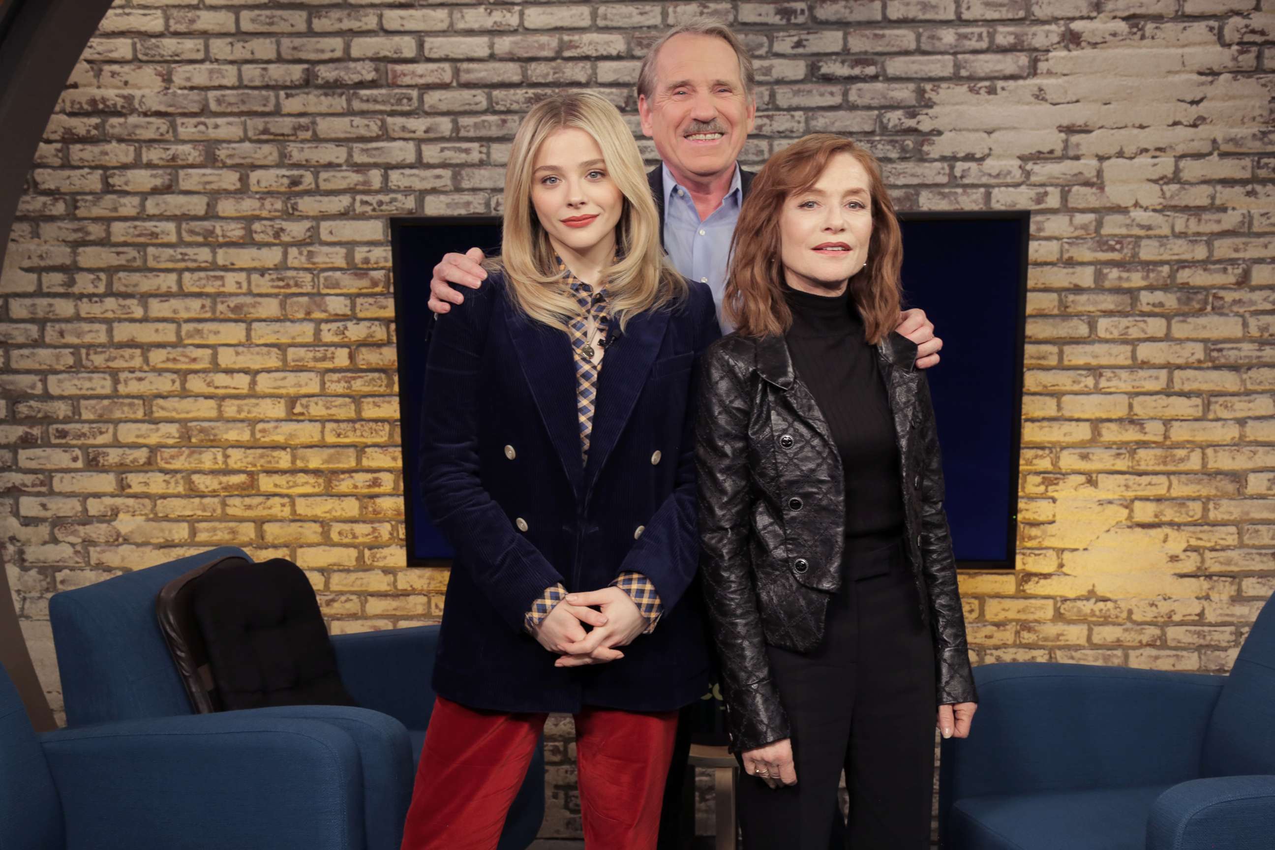 PHOTO: Isabelle Huppert and Chloe Grace Moretz appear on "Popcorn with Peter Travers" at ABC News studios, February 20, 2019, in New York City. 
