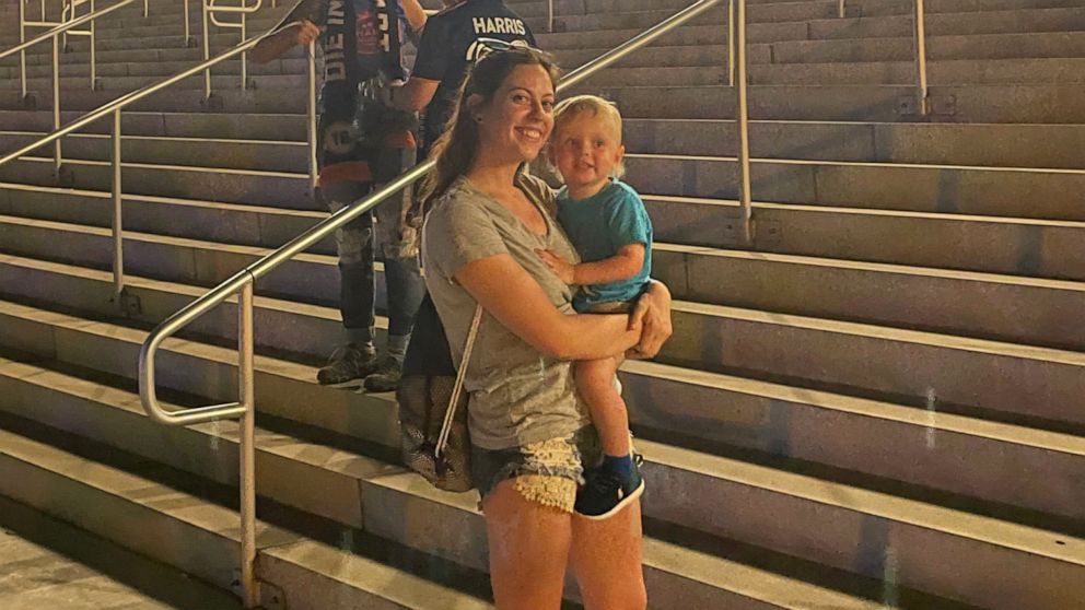 PHOTO: Morgan Tucker poses with her son Zaydek outside TQL Stadium in Cincinnati, Ohio, on Aug. 7, 2021.