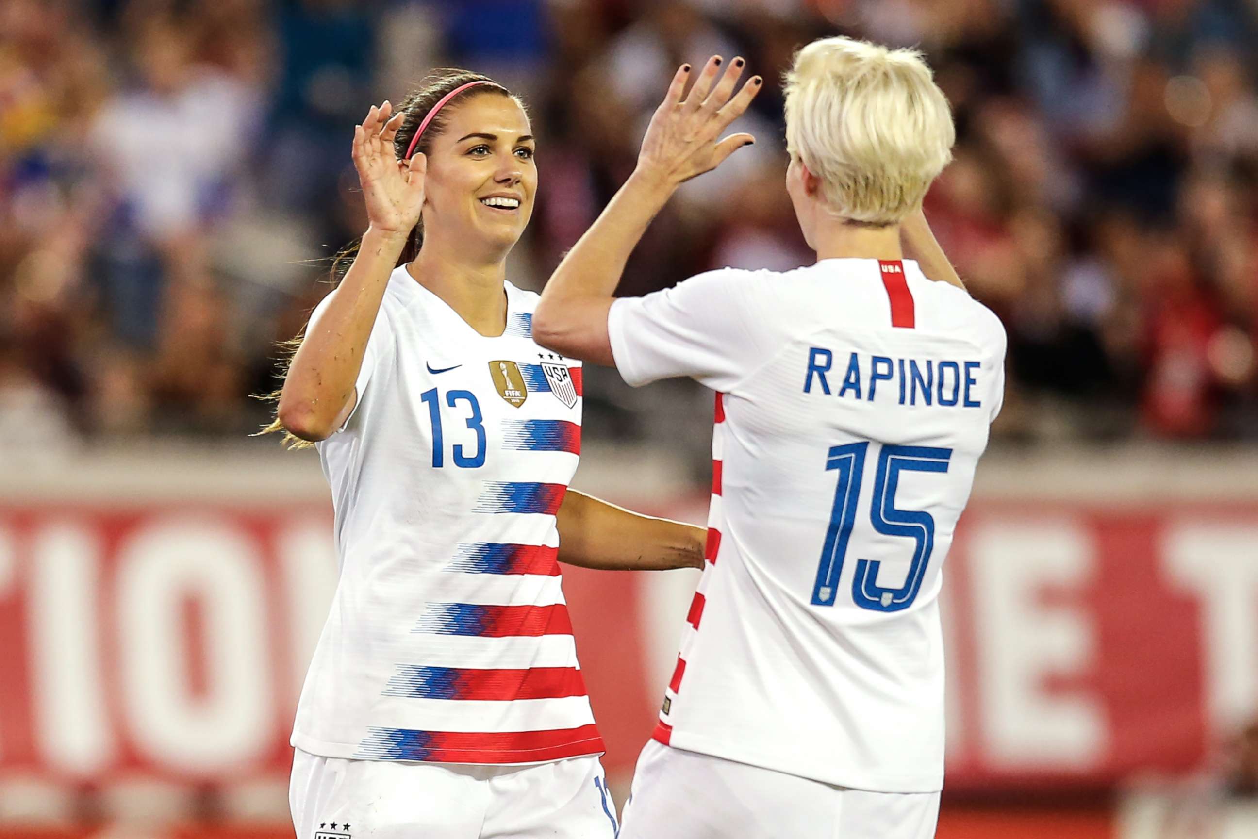 PHOTO: Alex Morgan and Megan Rapinoe  celebrate a goal during the International Friendly match between the U.S. and Mexico in Jacksonville, Fla., April 5, 2018.