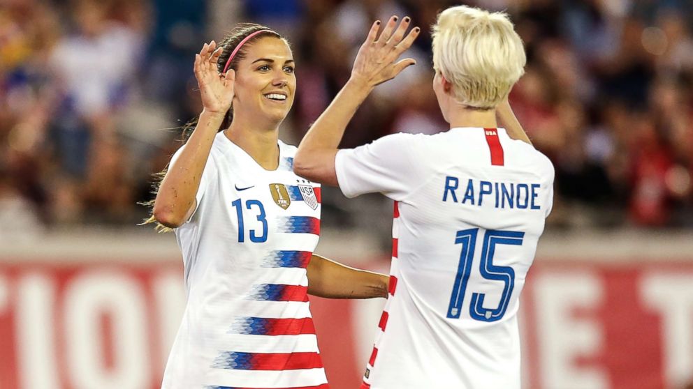 PHOTO: Alex Morgan and Megan Rapinoe celebrate a goal during the International Friendly match between the U.S. and Mexico in Jacksonville, Fla., April 5, 2018.