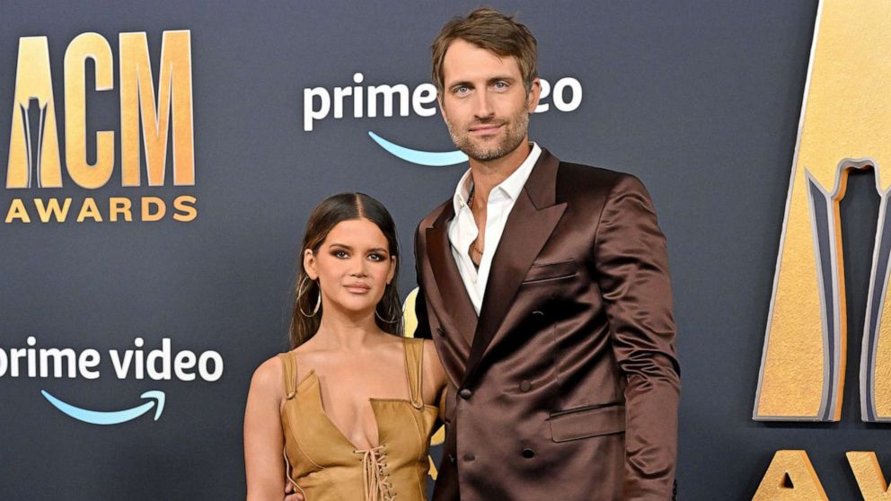 Maren Morris and Ryan Hurd attend the 57th Academy of Country Music Awards, March 7, 2022, in Las Vegas.