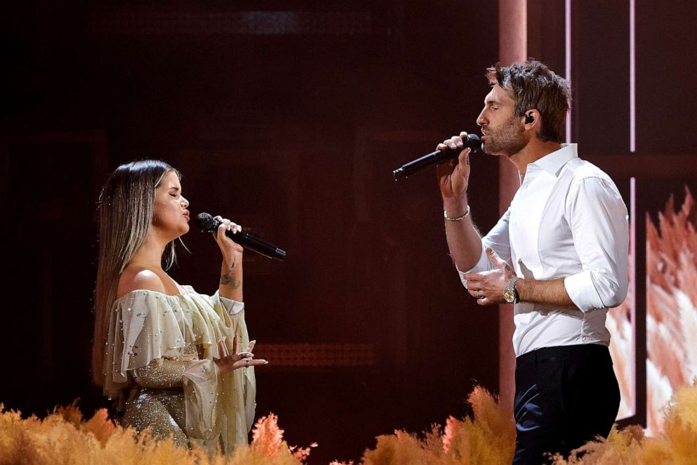 PHOTO: Maren Morris, left, and Ryan Hurd perform onstage at the 56th Academy of Country Music Awards at the Ryman Auditorium on April 18, 2021, in Nashville, Tenn.