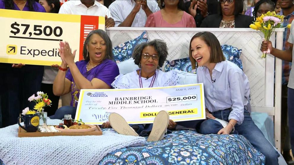 PHOTO: “Good Morning America” surprised Patricia Isom, a sixth-grade teacher and mom of two, for a special Breakfast in Bed Mother's Day Celebration on May 9, 2025.