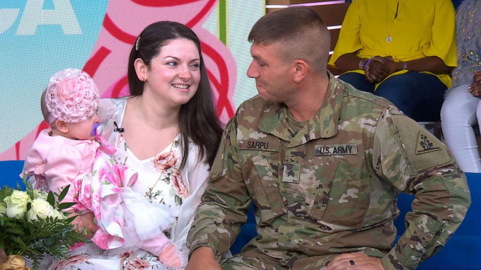 PHOTO: Sgt. Josh Sarpu was reunited with his wife Cassie Whelan and their daughter Savanna Belle Sarpu for the first time since his deployment and her birth. 