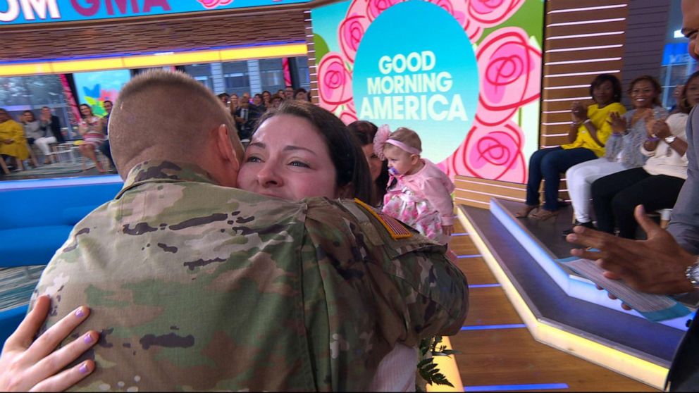 PHOTO: Sgt. Josh Sarpu was reunited with his wife Cassie Whelan and their daughter Savanna Belle Sarpu for the first time since his deployment and her birth.