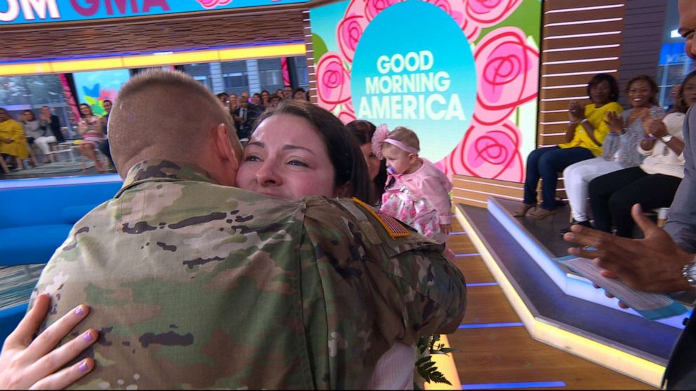 PHOTO: Sgt. Josh Sarpu was reunited with his wife Cassie Whelan and their daughter Savanna Belle Sarpu for the first time since his deployment and her birth.