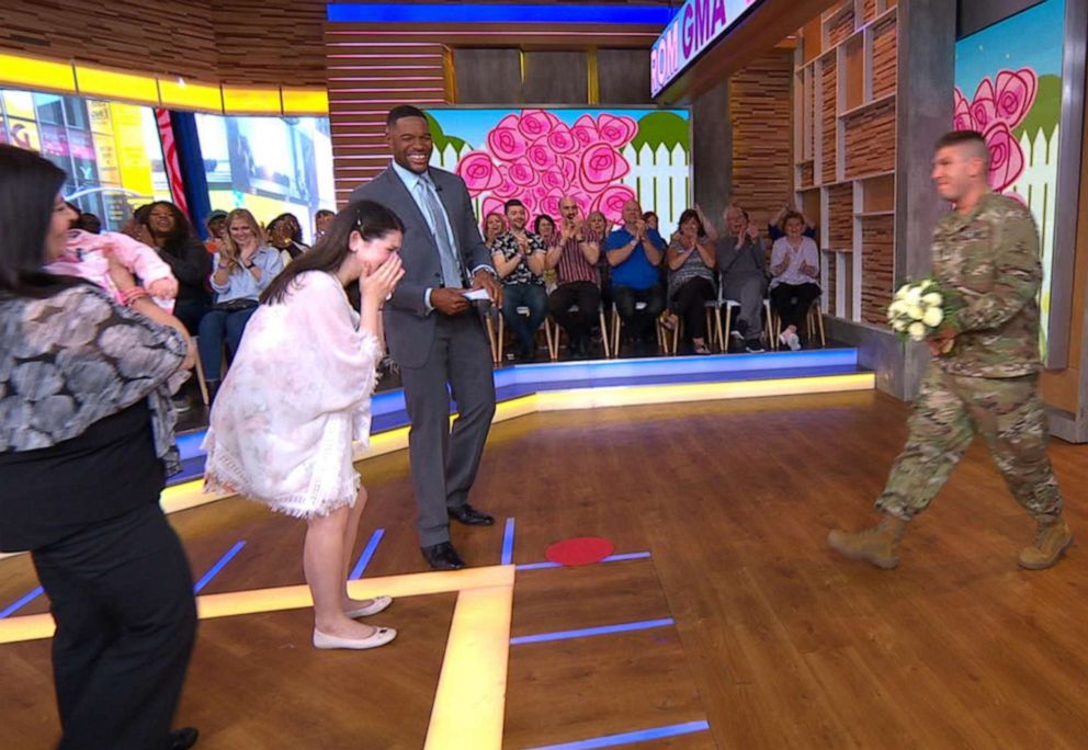 PHOTO: Sgt. Josh Sarpu was reunited with his wife Cassie Whelan and their daughter Savanna Belle Sarpu for the first time since his deployment and her birth.