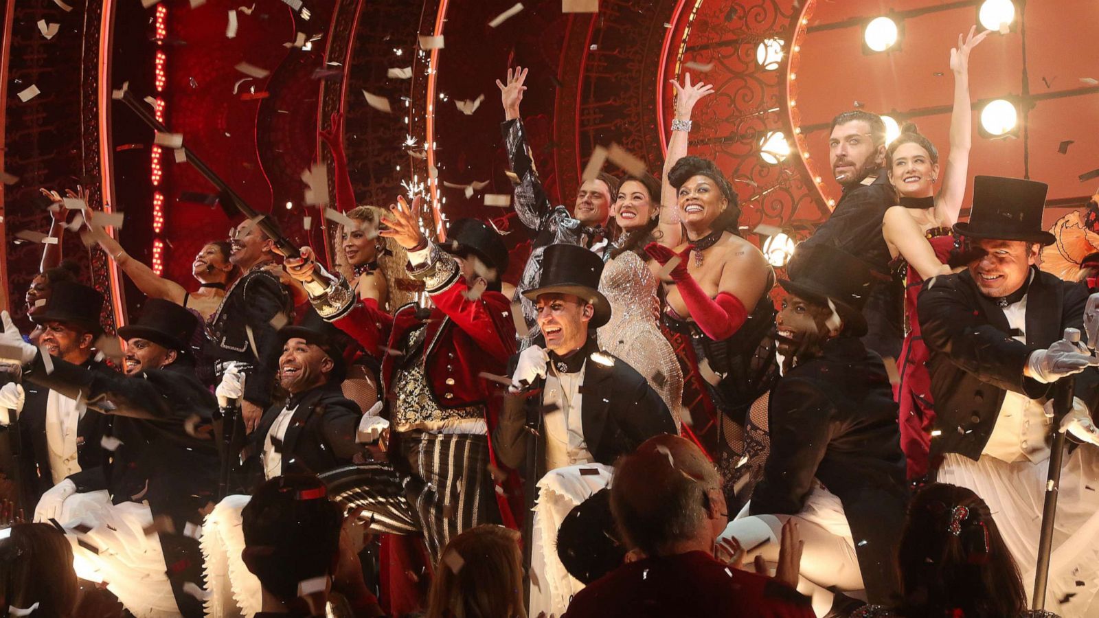 PHOTO: Aaron Tveit as 'Christian', Natalie Mendoza as 'Satine' and the company during the re-opening night curtain call of "Moulin Rouge! The Musical" on Broadway at The Al Hirschfeld Theatre on Sept. 24, 2021, in New York City.