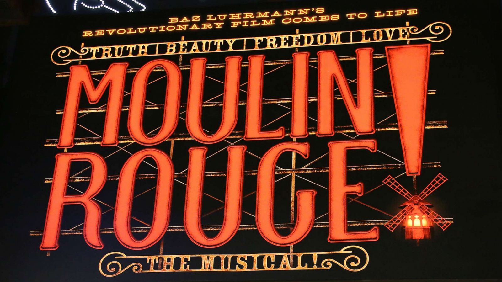 PHOTO: The theatre marquee during the Broadway Opening Night performance for "Moulin Rouge! The Musical" is seen at the Al Hirschfeld Theatre in New York, July 25, 2019.