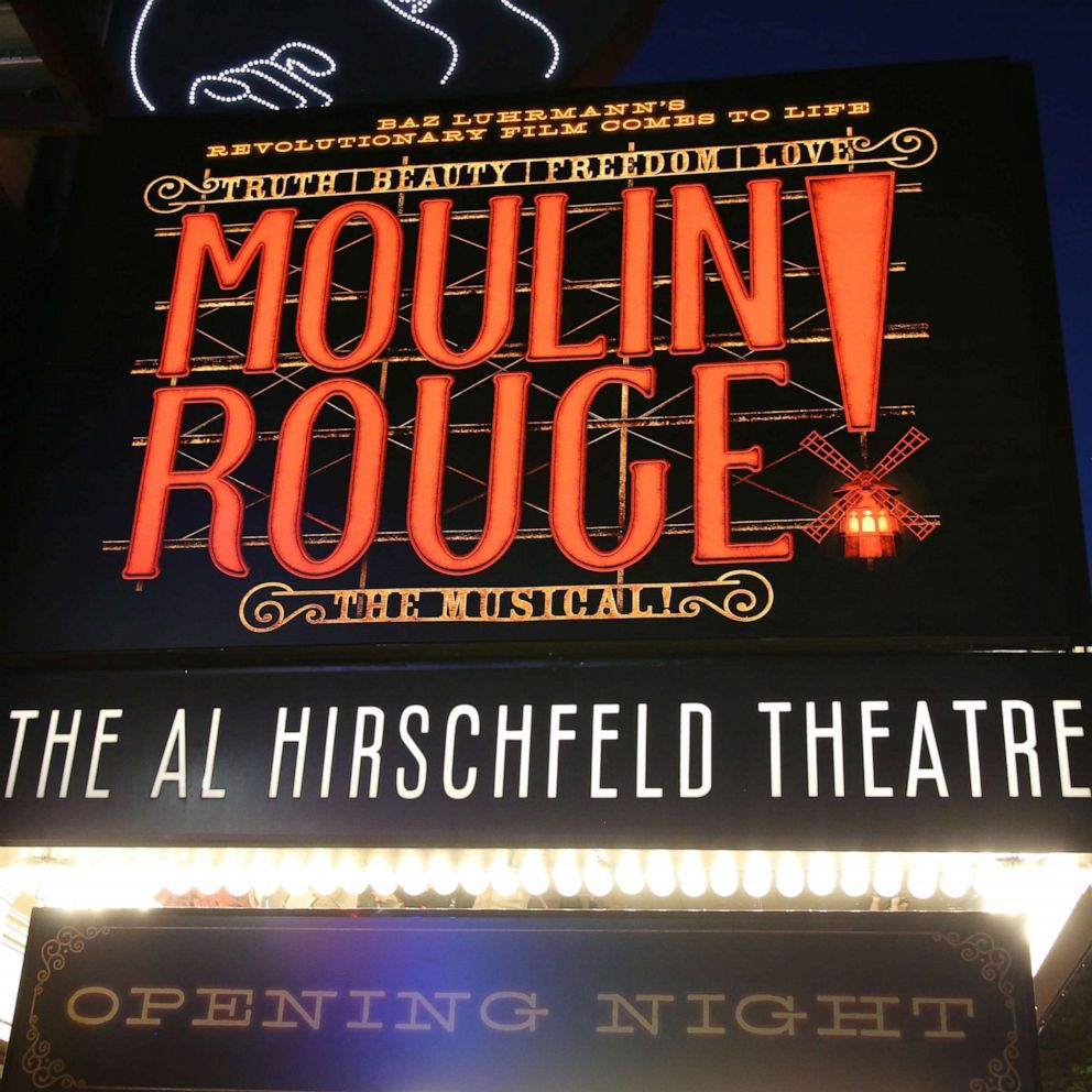 PHOTO: The theatre marquee during the Broadway Opening Night performance for "Moulin Rouge! The Musical" is seen at the Al Hirschfeld Theatre in New York, July 25, 2019.