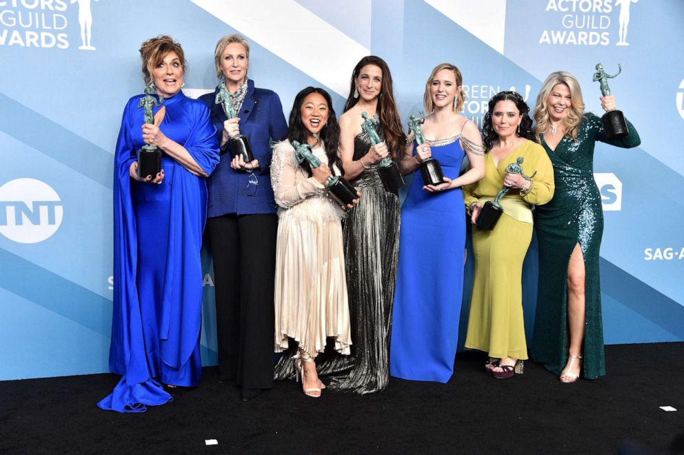 PHOTO: Cast members from "The Marvelous Mrs. Maisel" pose in the press room with the trophy for Outstanding Performance by an Ensemble in a Comedy Series during the 26th Annual Screen Actors Guild Awards at The Shrine Auditorium in Los Angeles.