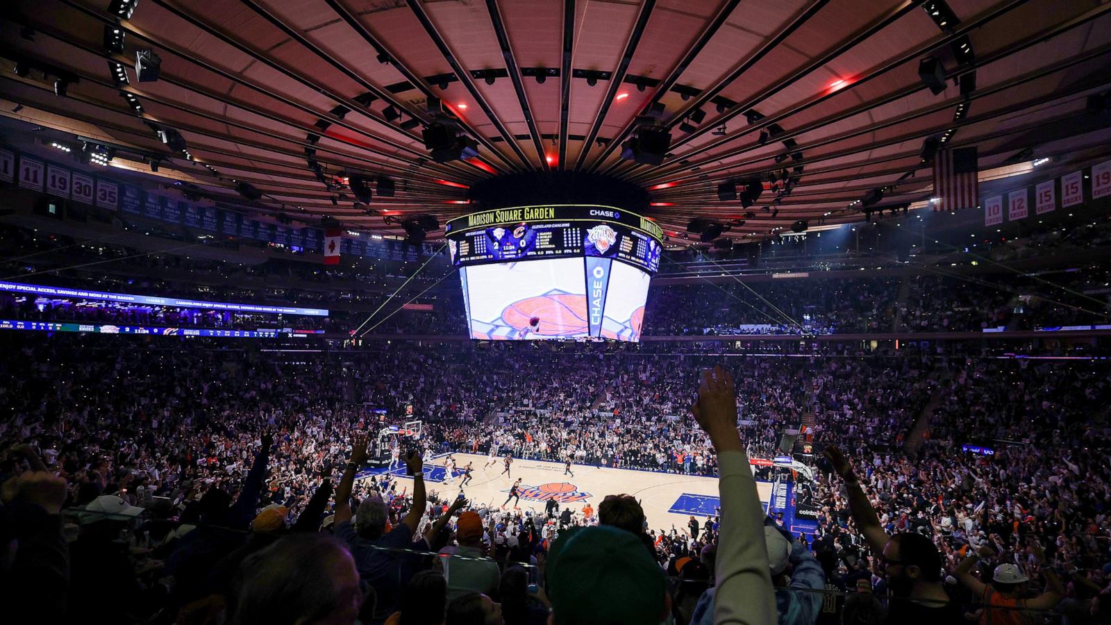 PHOTO: A general view of the New York Knicks playing the Cleveland Cavaliers during the first quarter in Game Two of the NBA Eastern Conference Finals at Madison Square Garden, May 21, 2026, in New York.