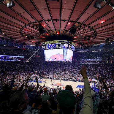 PHOTO: A general view of the New York Knicks playing the Cleveland Cavaliers during the first quarter in Game Two of the NBA Eastern Conference Finals at Madison Square Garden, May 21, 2026, in New York.