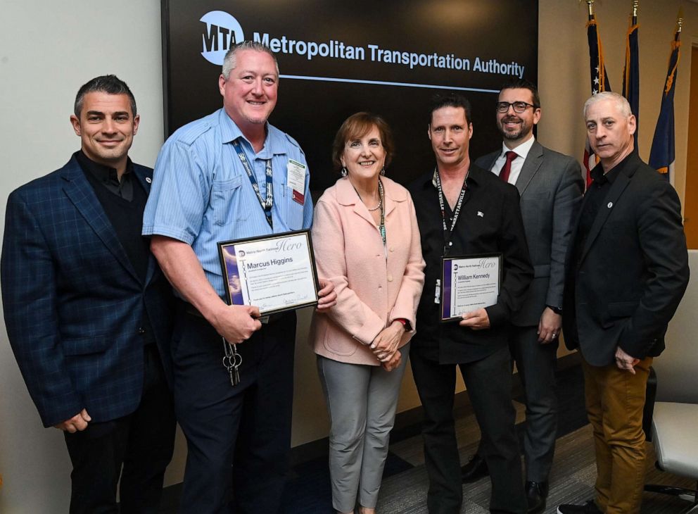 PHOTO: Metro-North President and Long Island Rail Road Interim President Catherine Rinaldi, center, poses for a photo after awarding commendations, April 25, 2023, to five employees involved in a daring rescue of a three-year-old boy.