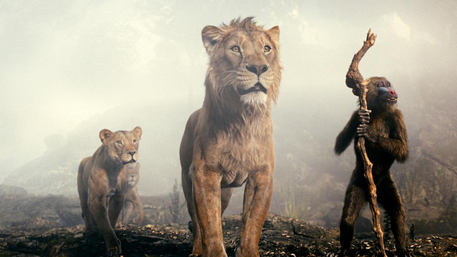 PHOTO: This image released by Disney shows characters Sarabi, voiced by Tiffany Boone, left, Mufasa, voiced by Aaron Pierre, center, and Rafiki, voiced by Kagiso Lediga in a scene from "Mufasa: The Lion King."