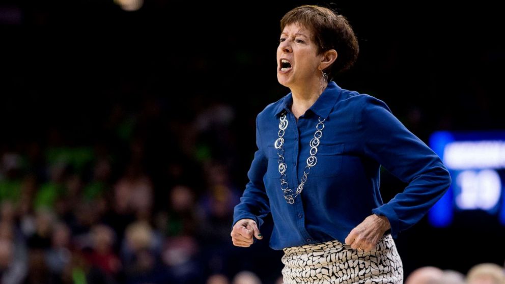 Notre Dame head coach Muffet McGraw yells at her players during a second-round game against Michigan State in the NCAA women's college basketball tournament in South Bend, Ind., March 25, 2019.