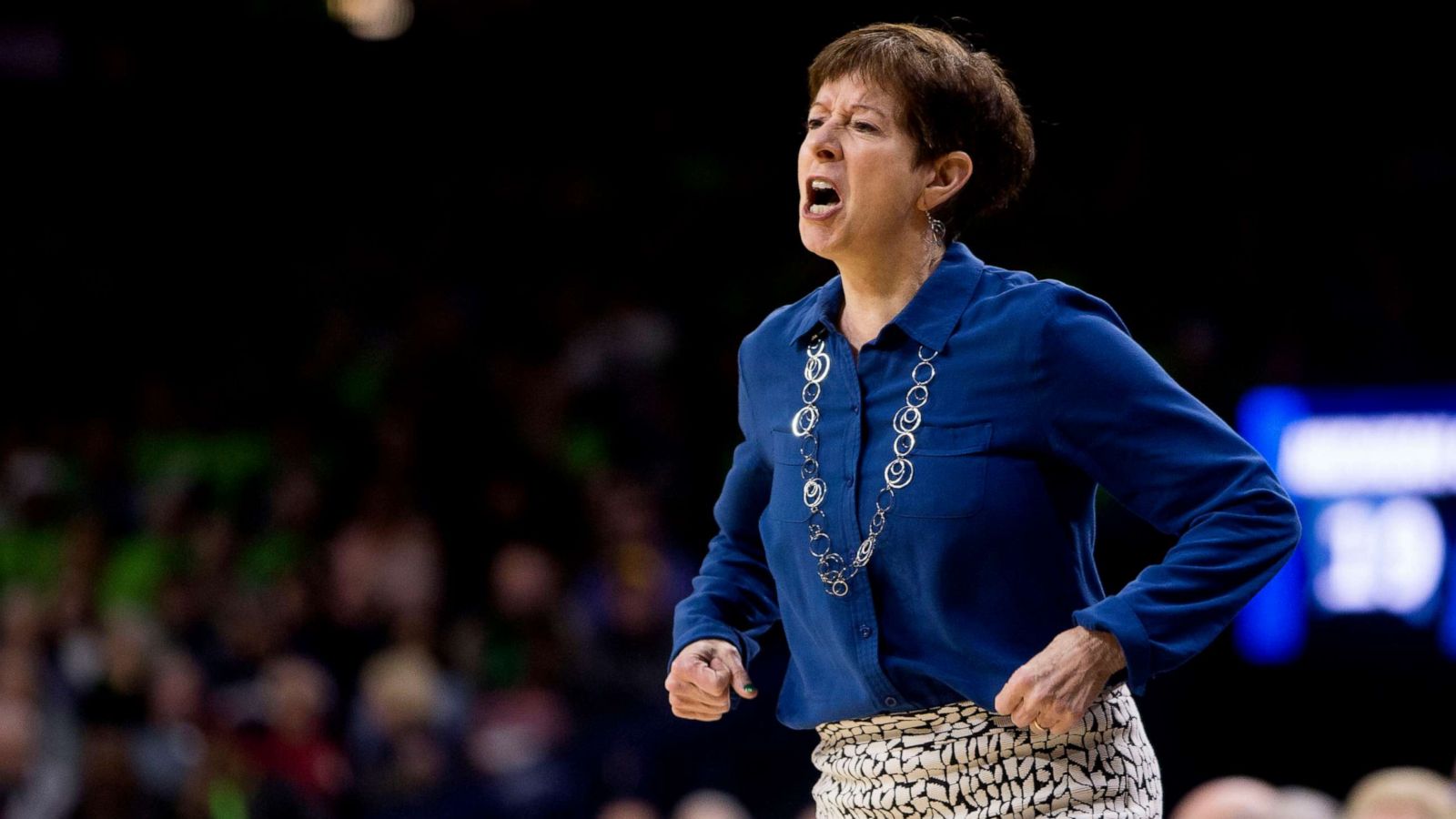 PHOTO: Notre Dame head coach Muffet McGraw yells at her players during a second-round game against Michigan State in the NCAA women's college basketball tournament in South Bend, Ind., March 25, 2019.