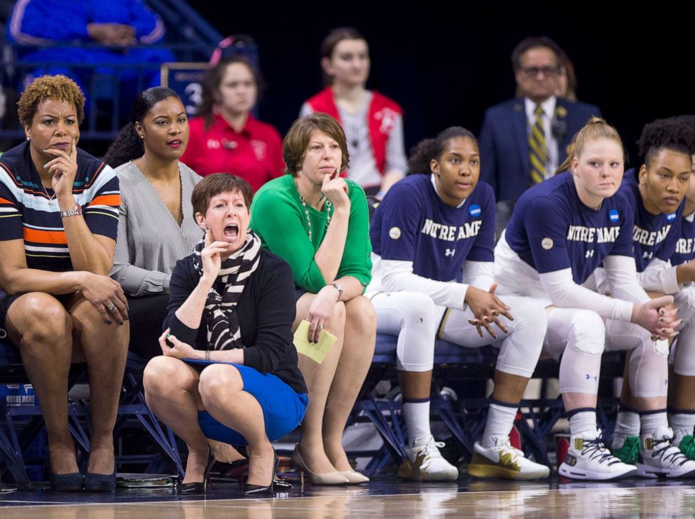 PHOTO: Notre Dame head coach Muffet McGraw yells to players during a first-round game against Bethune-Cookman in the NCAA women's college basketball tournament in South Bend, Ind., March 23, 2019.