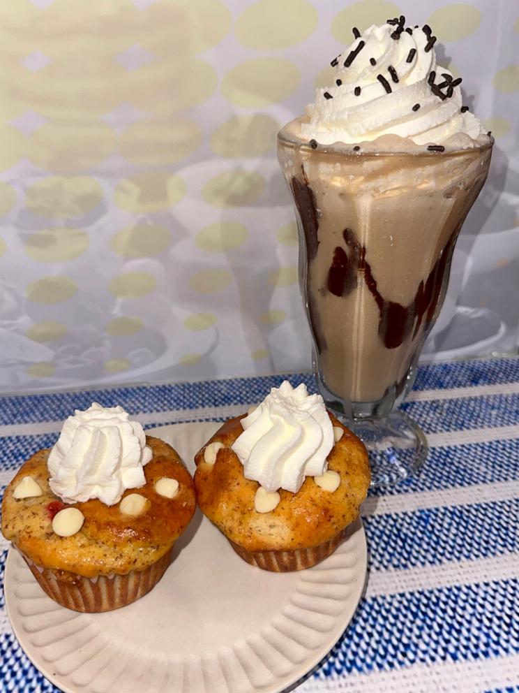 PHOTO: Jam filled muffins and a frozen mocha drink.