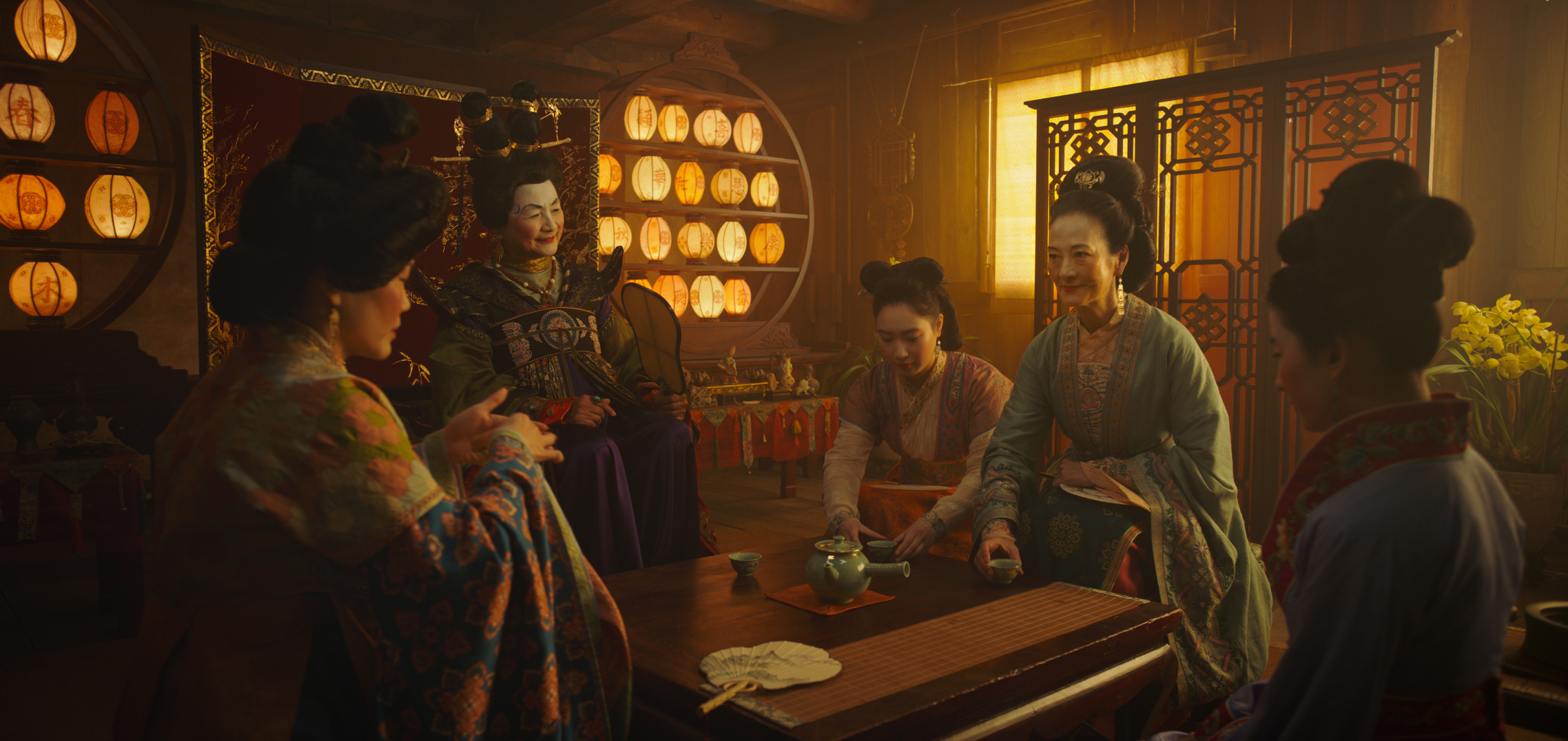 PHOTO: Matchmaker (Pei-Pei Cheng), Xiu (Xana Tang), Wuwei (Rosalind Chao) and Mulan (Yifei Liu)appear in this scene from Walt Disney's MULAN.