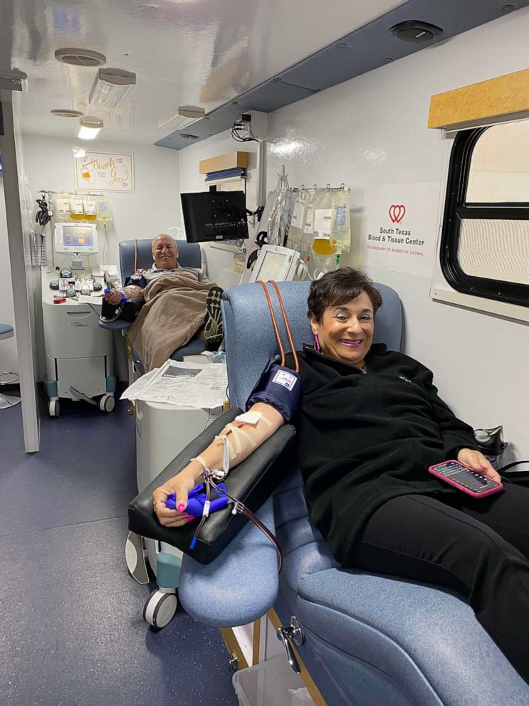 PHOTO: Brian and Dina Murphy pose for a photo while donating plasma.