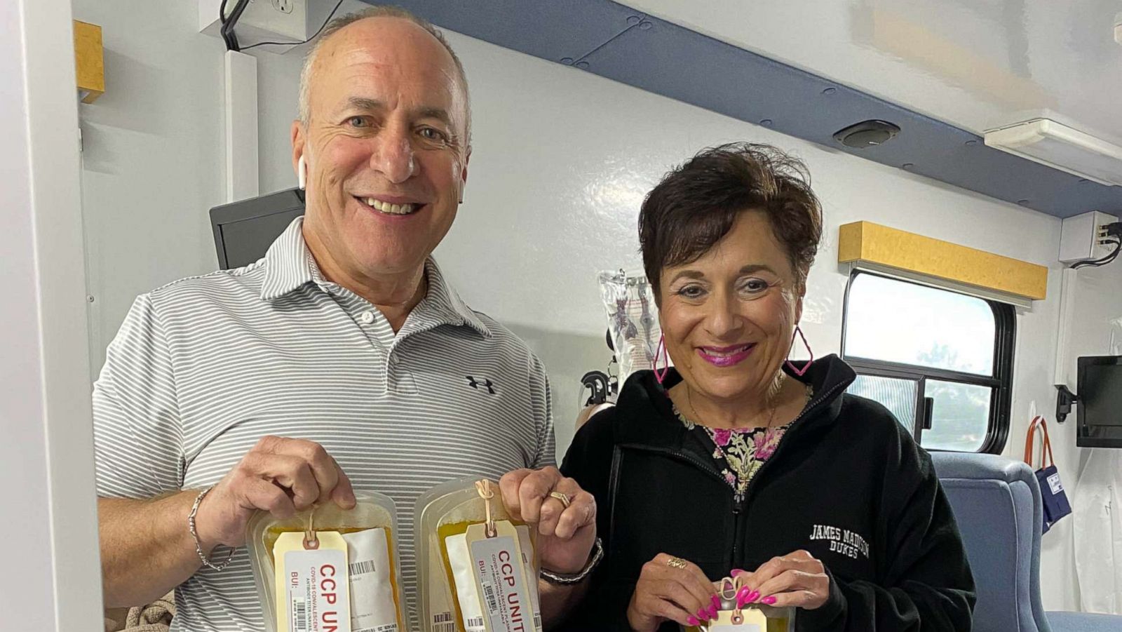 PHOTO: Brian and Dina Murphy pose for a photo with their plasma donations in hand.