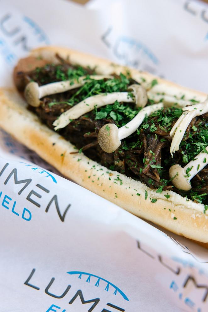 PHOTO: A footlong hot dog topped with mushrooms from Lumen Field.