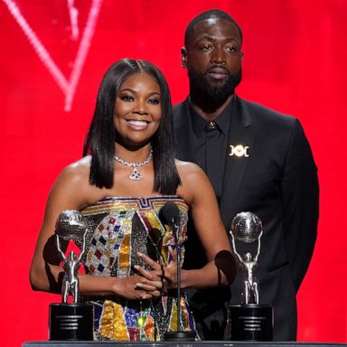 PHOTO: Gabrielle Union-Wade, left, and Dwayne Wade accept the president's award at the 54th NAACP Image Awards on Feb. 25, 2023, at the Civic Auditorium in Pasadena, Calif.