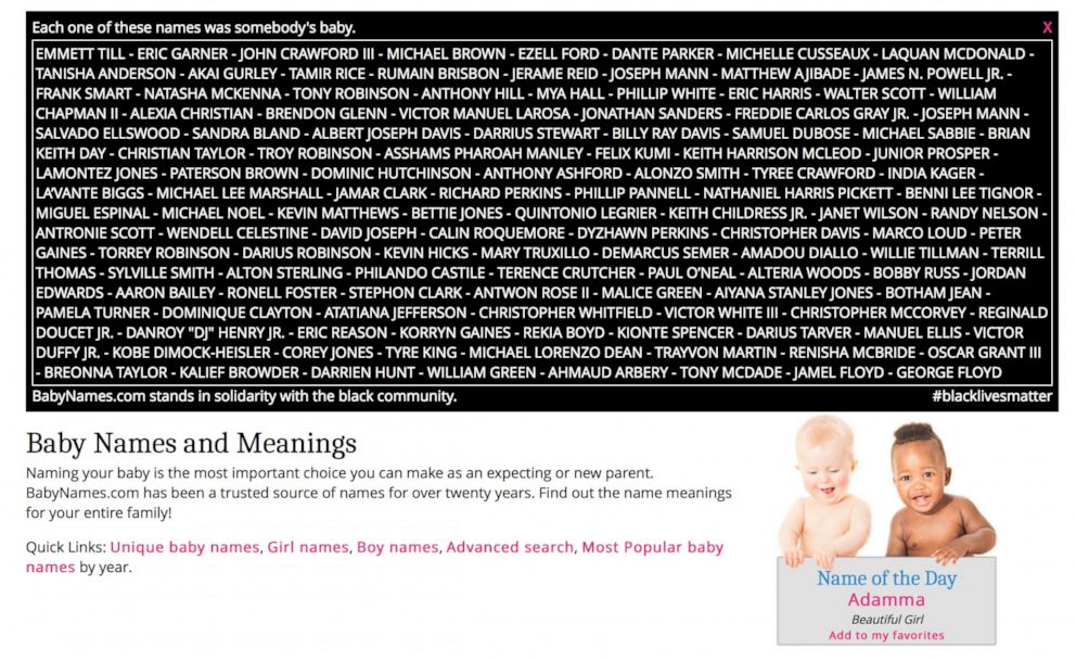 PHOTO: BabyNames dot com put together a somber tribute to the Black Lives Matter movement displayed on the website's homepage.