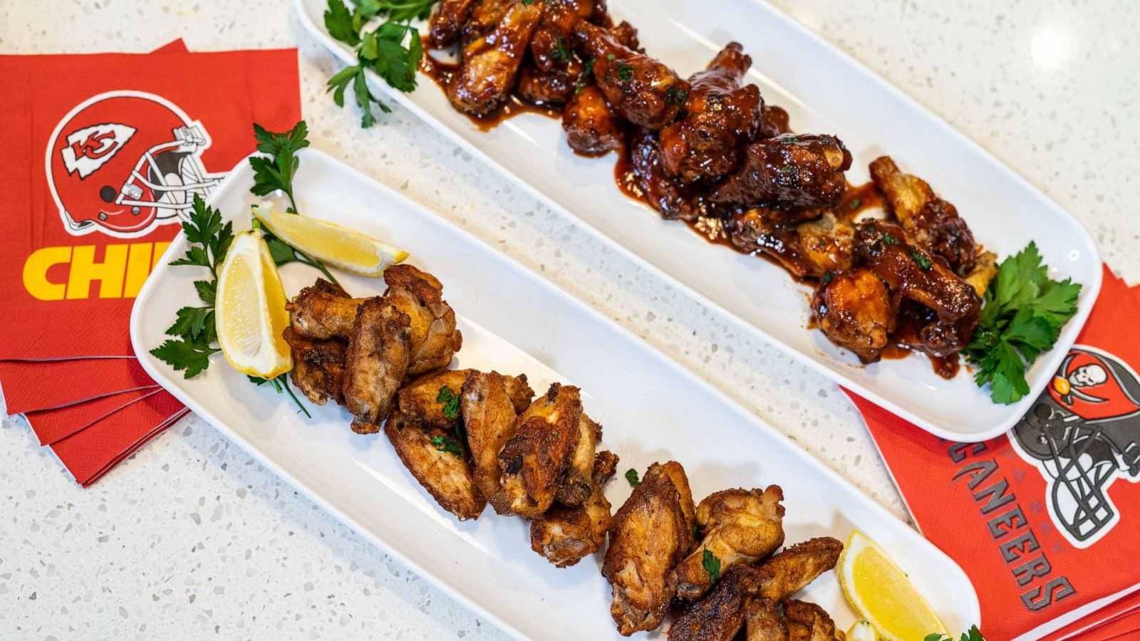 PHOTO: BBQ and lemon pepper chicken wings for Chiefs and Buccanneers fans.