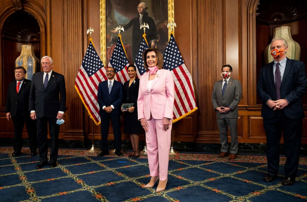 PHOTO: Nancy Pelosi attends the ceremonial swearing in of Rep. Kweisi Mfume, May 5, 2020, in Washington, DC.
