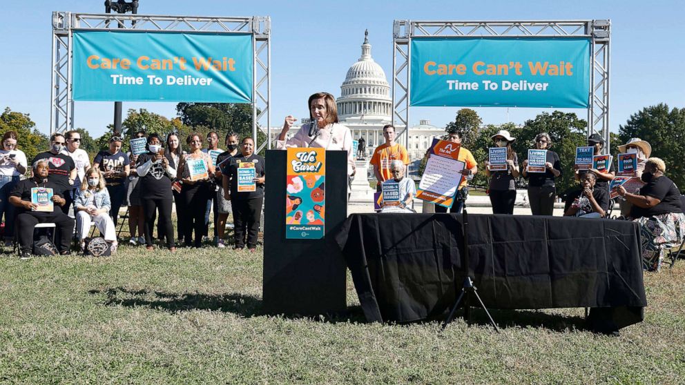 PHOTO: House Speaker Nancy Pelosi speaks at a press conference supporting Build Back Better, in front of the U.S. Capitol on Oct. 21, 2021, in Washington, D.C.