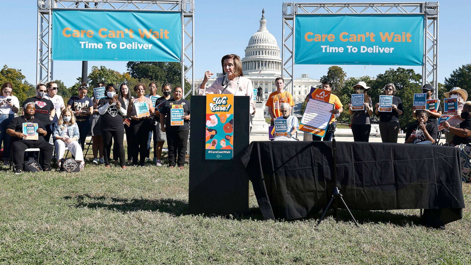 PHOTO: House Speaker Nancy Pelosi speaks at a press conference supporting Build Back Better, in front of the U.S. Capitol on Oct. 21, 2021, in Washington, D.C.