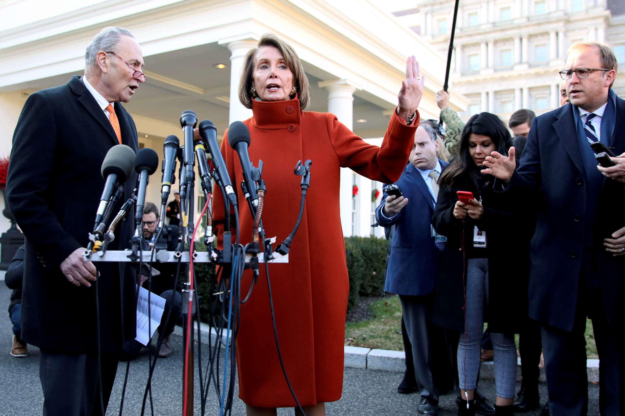 PHOTO: U.S. Senate Minority Leader Chuck Schumer and House Speaker designate Nancy Pelosi speak to reporters after meeting with President Donald Trump at the White House in Washington, Dec. 11, 2018.