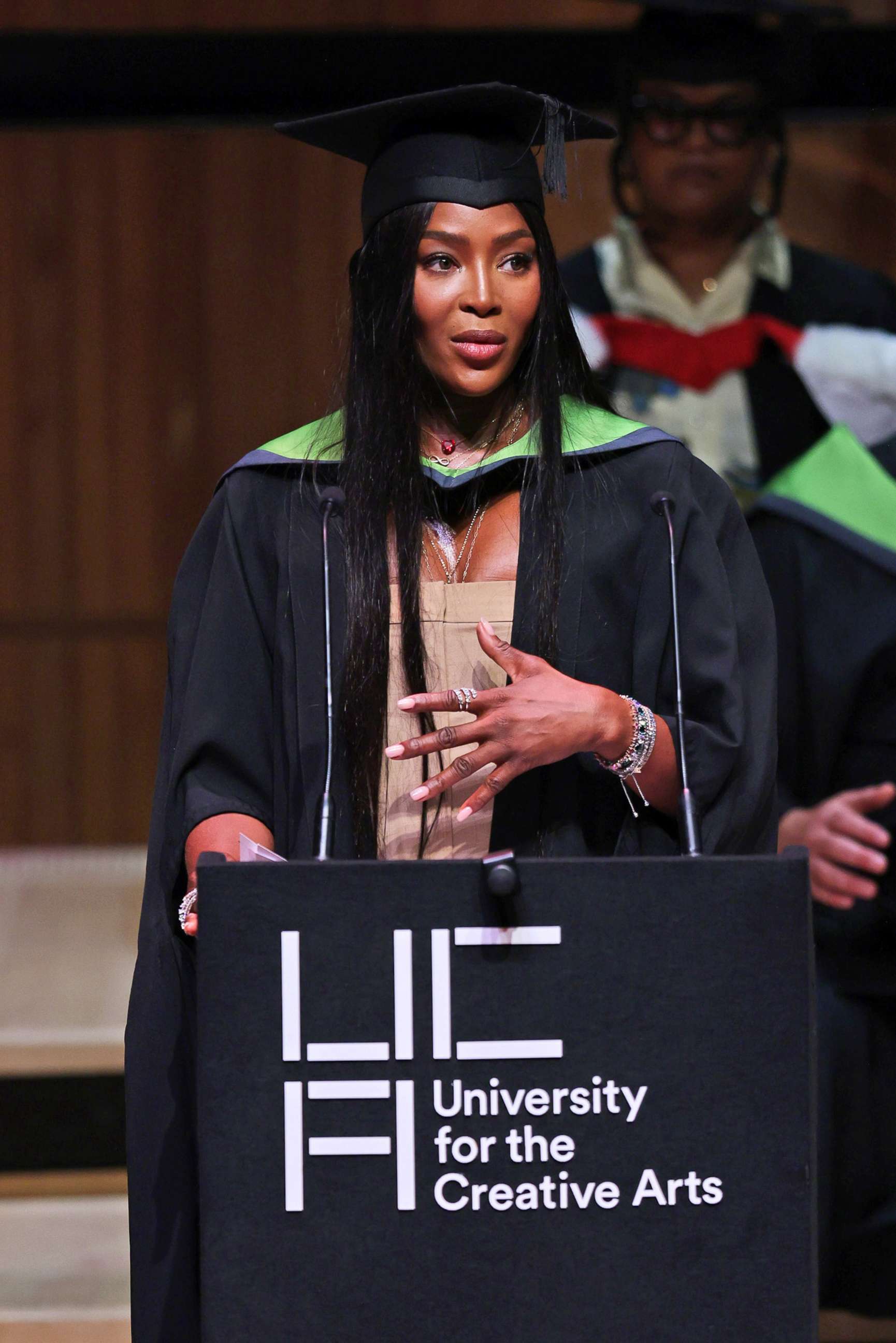 PHOTO: Naomi Campbell officially became Dr. Naomi Campbell as she was formally awarded an honorary PhD from The University for the Creative Arts in recognition of her contribution to the global fashion industry, July 7, 2022, in London.