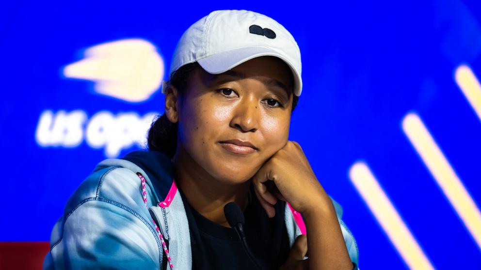 PHOTO: Naomi Osaka of Japan talks to the press during Media Day ahead of the US Open at USTA Billie Jean King National Tennis Center, Aug. 24, 2024, in New York.