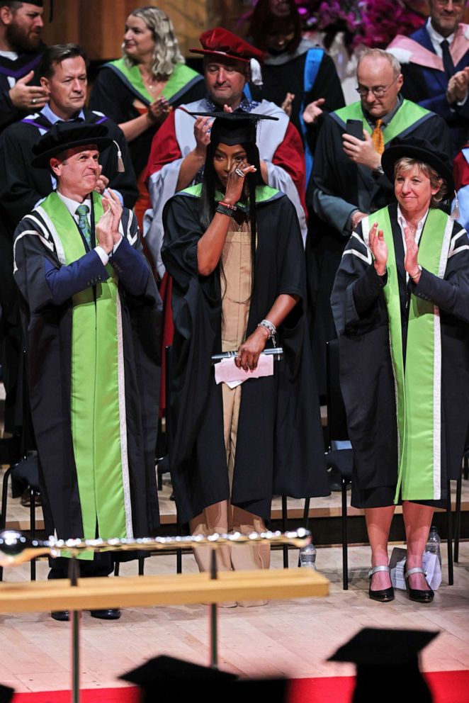 PHOTO: Professor Simon Macklin, Naomi Campbell, and Professor Sarah Clark celebrate as Naomi Campbell officially became Dr. Naomi Campbell as she was awarded an honorary PhD from The University for the Creative Arts, July 7, 2022, in London.