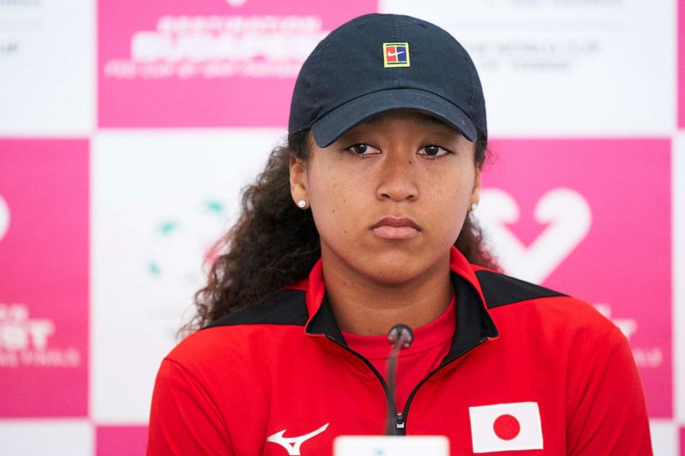 PHOTO: Naomi Osaka of Japan attends the press conference after her match against Sara Sorribes of Spain during the 2020 Fed Cup Qualifier between Spain and Japan at Centro de Tenis La Manga Club, Feb. 7, 2020, in Cartagena, Spain.