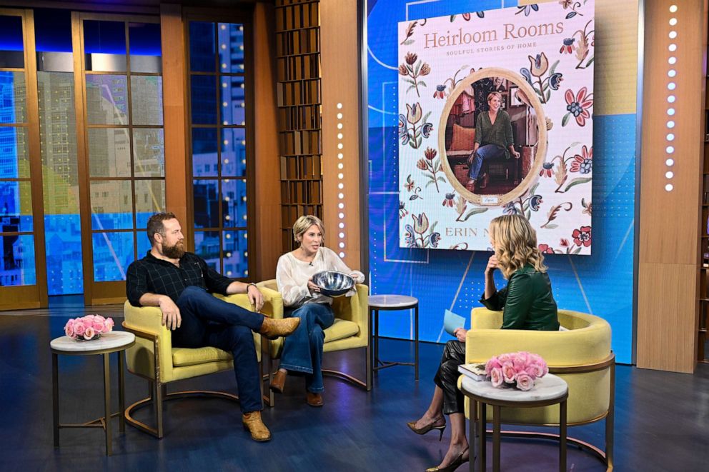 PHOTO: Erin Napier talks about her grandmother's biscuit bowl, which she brought to set as a show and tell on "Good Morning America," Oct. 3, 2023.