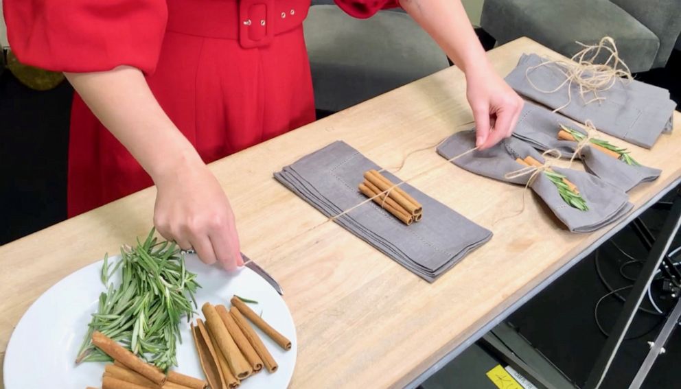 PHOTO: Actress and author Sasha Pieterse shows how to make holiday place settings with rosemary and cinnamon in Los Angeles, Tuesday, Oct. 15, 2019.