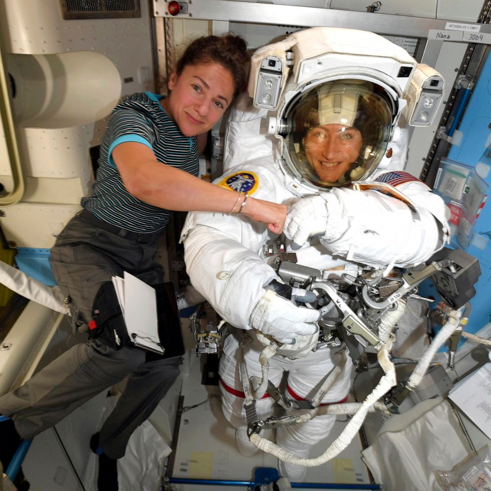 PHOTO: Astronauts Christina Koch, right, and, Jessica Meir pose on the International Space Station in a NASA photo provided on Oct. 4, 2019.