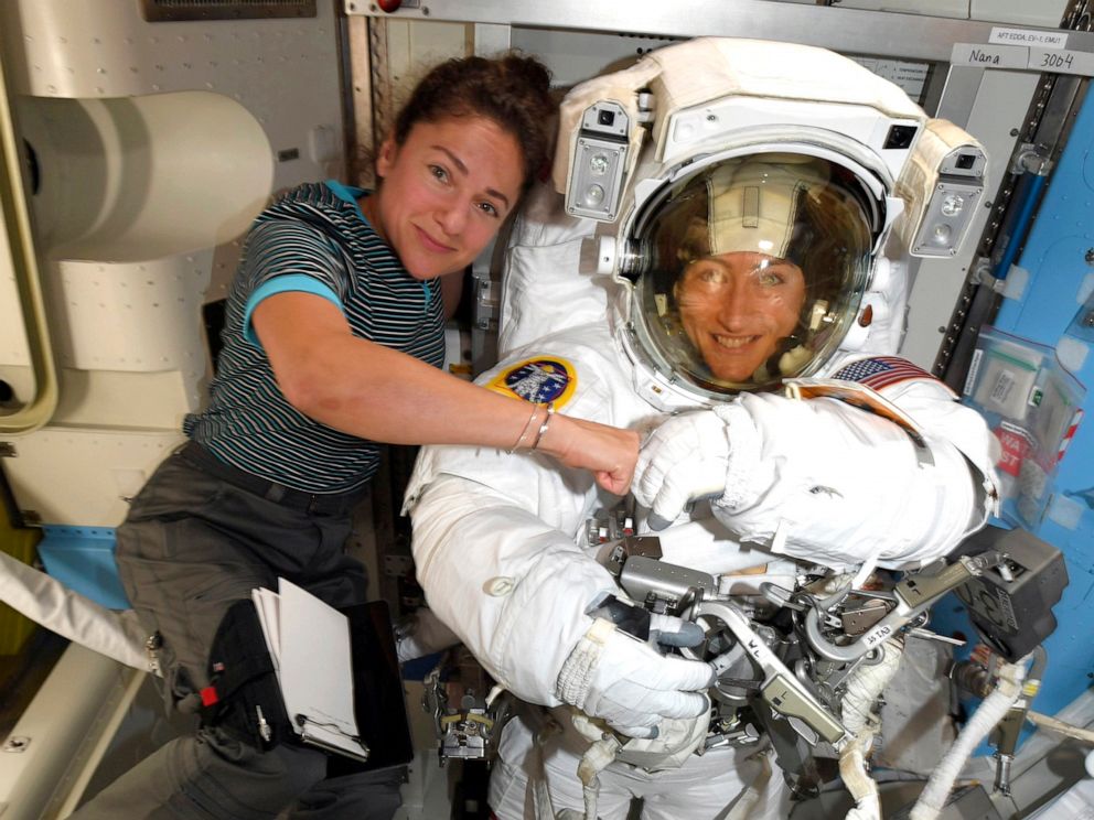 PHOTO: Astronauts Christina Koch, right, and, Jessica Meir pose on the International Space Station in a NASA photo provided on Oct. 4, 2019.