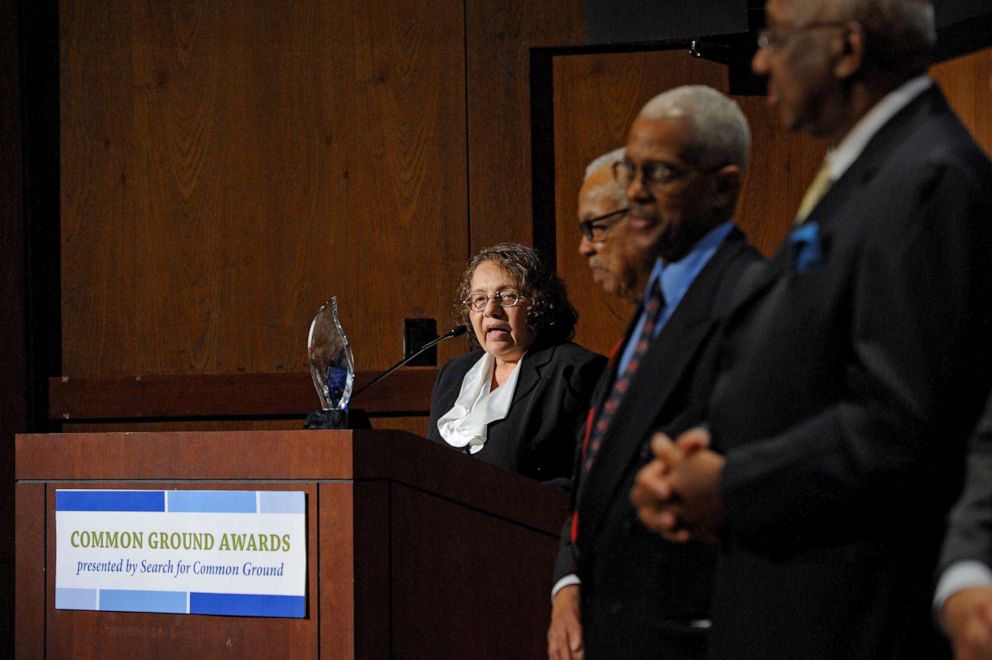 PHOTO: Diane Nash stands on stage with Freedom Riders during the Common Ground Awards at the Carnegie Institution for Science, Oct. 27, 2011, in Washington, D.C. 