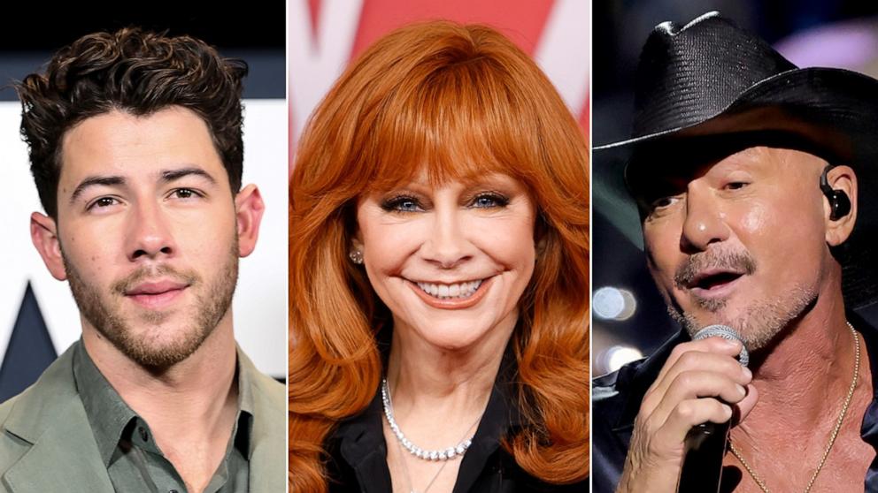 PHOTO: Nick Jonas attends the "Power Ballad" Screening, May 19, 2026, in New York. Reba McEntire attends the 60th Academy of Country Music Awards, May 8, 2025, in Frisco, Texas. Tim McGraw performs onstage, Sept. 20, 2025, in Las Vegas.