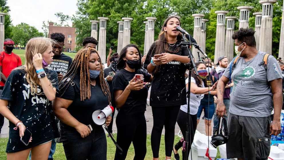 PHOTO: Organizers from Teens4Equality speak as protestors gather in Bicentennial Mall Park in Nashville, June 4, 2020.