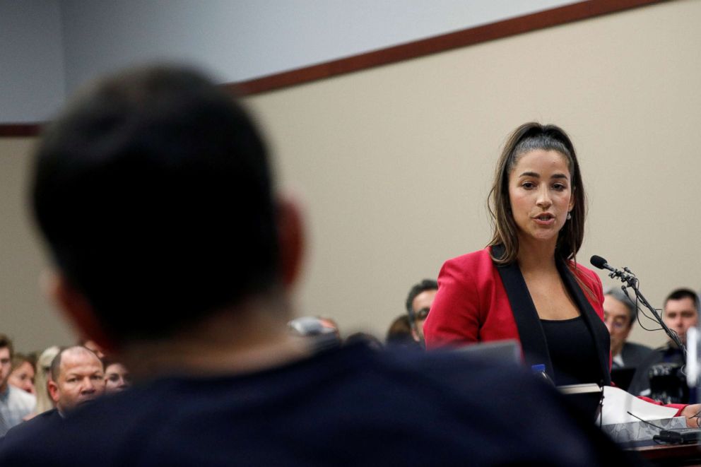 PHOTO: Olympic gold medalist Aly Raisman speaks at the sentencing hearing for Larry Nassar in Lansing, Mich., Jan. 19, 2018.